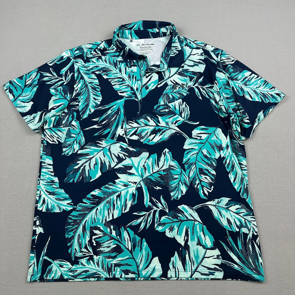 Under Armour Polo Men 2XL Blue Palm Leaf Tropical The Playoff Golf Shirt AOP XXL